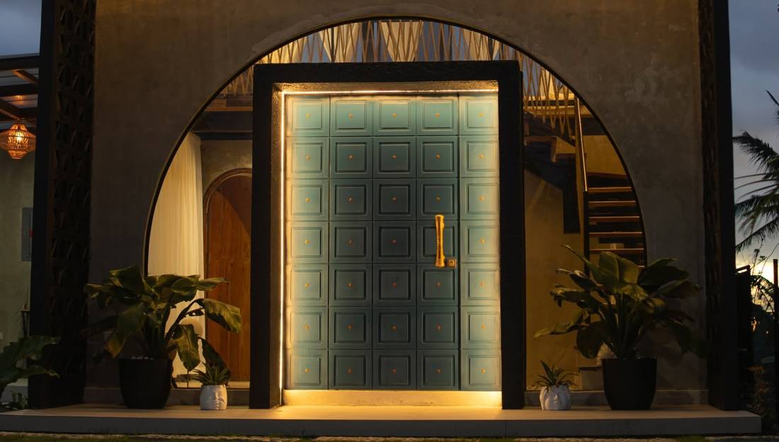 Arched blue entrance door